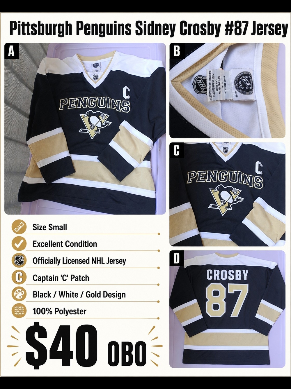 NHL Pittsburgh Penguins Sidney Crosby #87 Jersey - Black/Gold/White